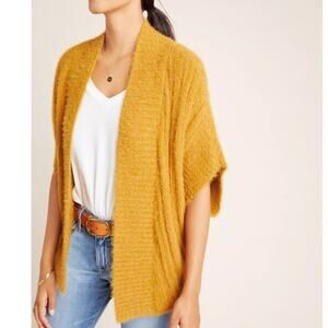 Anthropologie Lana Fuzzy Cardigan Womens Size M/L Mustard Short-Sleeved Open